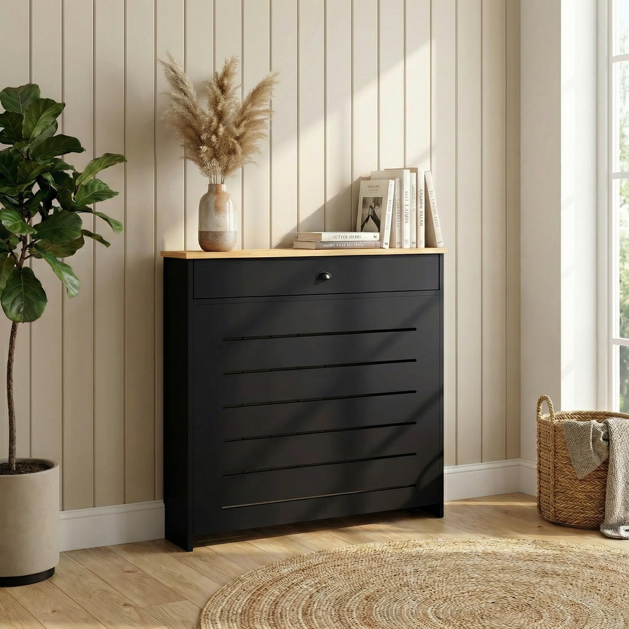 DuraTherm® Radiator Cover Black Painted MDF Cabinet Horizontal Slat Storage Drawers & Shelf, Radiator Cabinets for Office Hallway Living Room Bedroom, Small (H: 96cm / W: 78cm / D: 19cm) — image 1