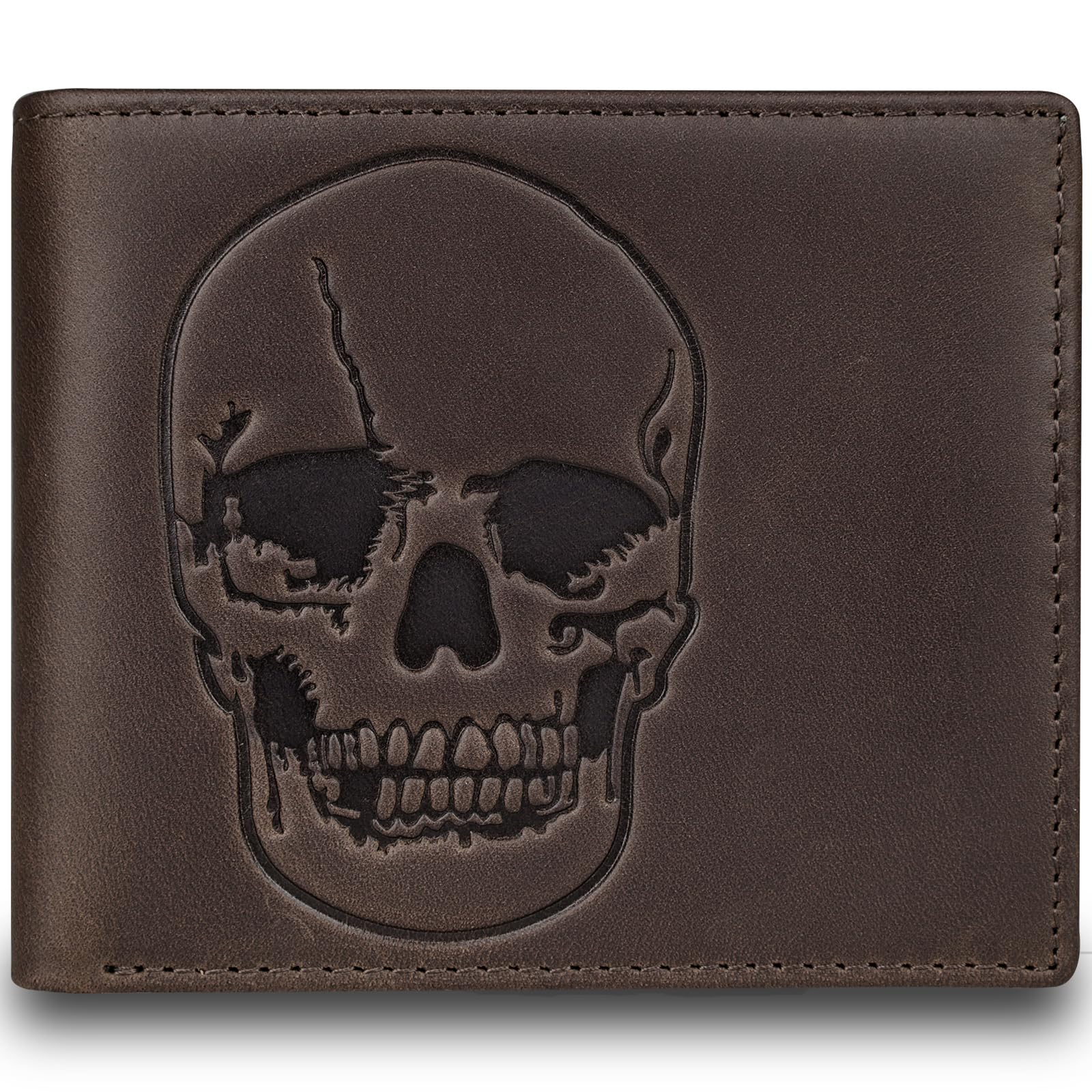 DK86 Mens Wallet USA Flag Bifold Wallet for Men RFID Blocking Extra Capacity Multiple Card Slots with 2 ID Windows (vintage coffee with skull)