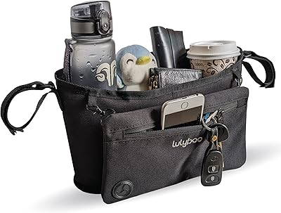 Lulyboo Universal Baby Stroller Organizer with Clip On Removable Wallet, Pockets for Drinks, Toys, Keys Gray/Black