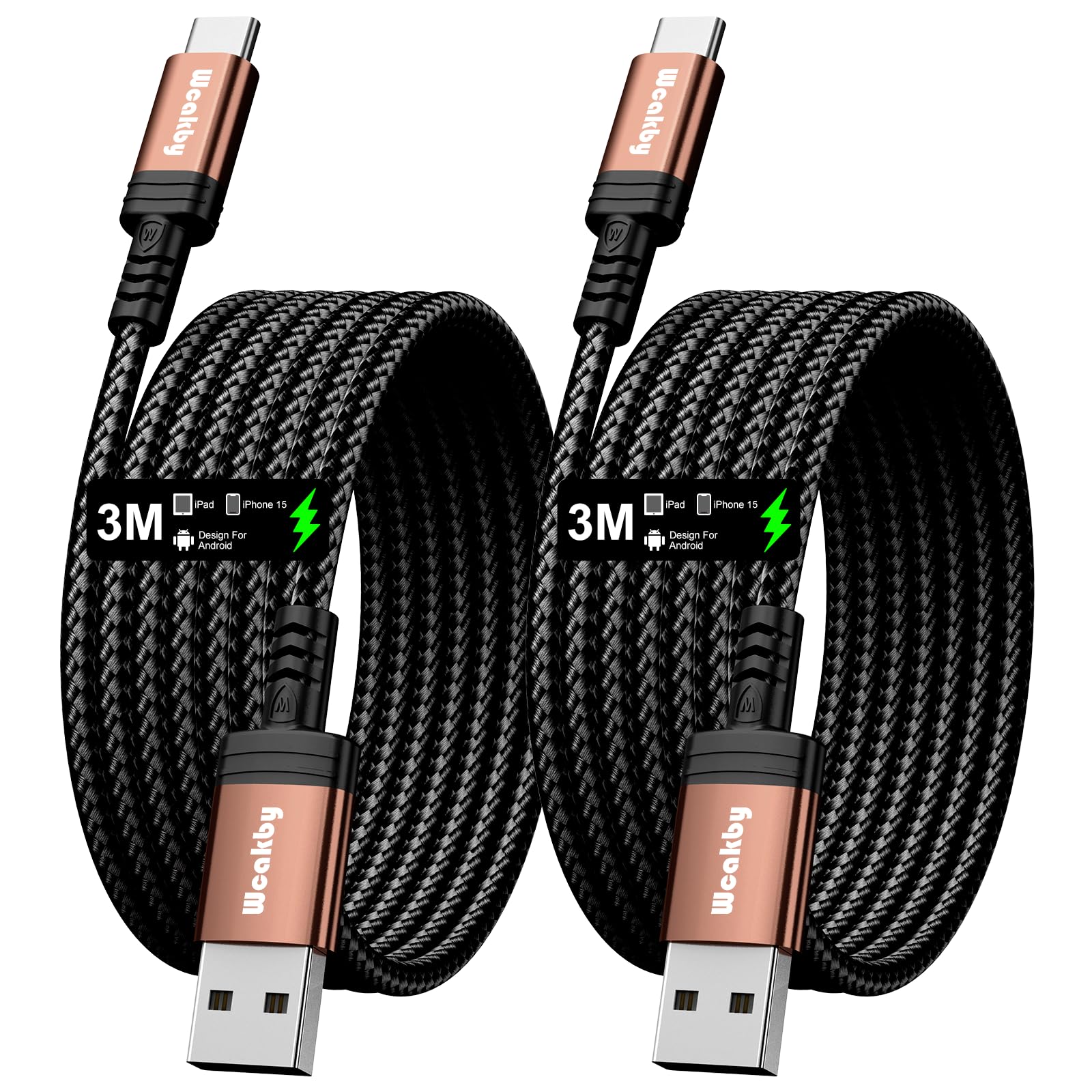 Ladekabel USB auf USB C Schnellladekabel 3.1A [2Stück 3m] | Type C Samsung Ladekabel für iPhone 16/15 Pro Max, Samsung Galaxy S24/S23/S22, Note, A71/A55/A52, Pixel, LG, Moto & mehr