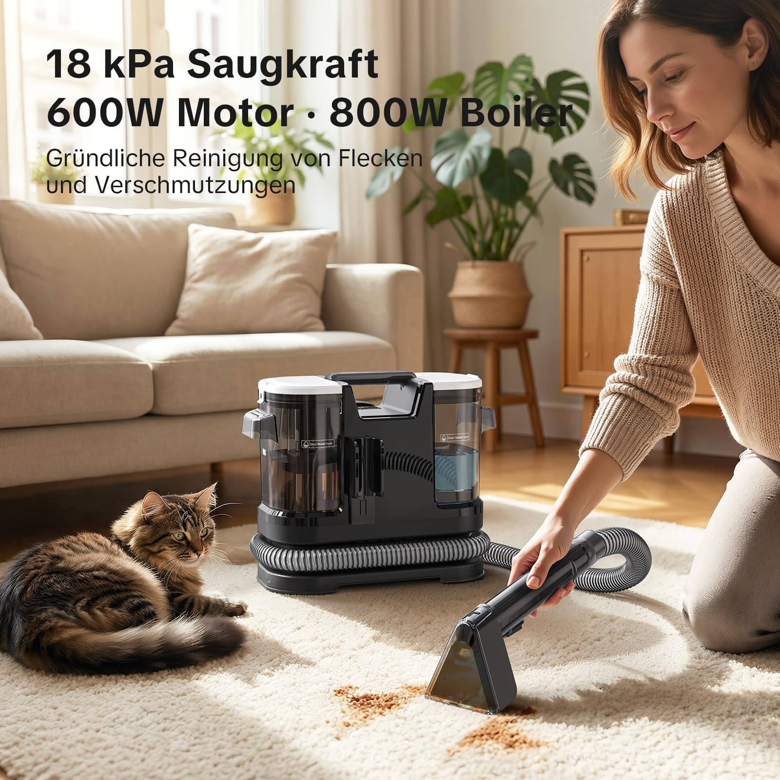 Lubluelu Nasssauger Polsterreiniger Gerät 18 kPa, 1400 W, Teppichreiniger Waschsauger mit 10 Sek. Schnellheizung auf 35–60 °C und Selbstreinigung, tragbarer Teppichreiniger für Teppiche, Auto & Sofas