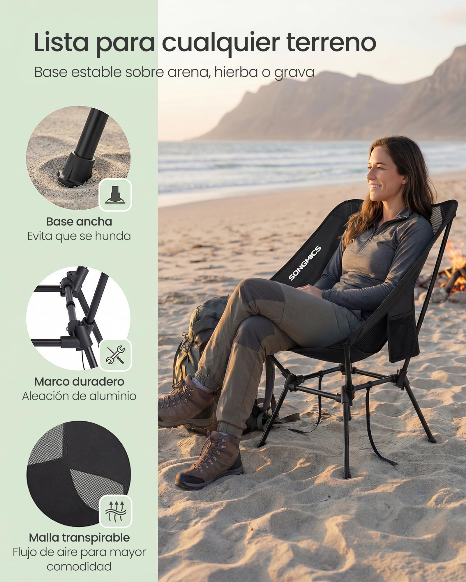 SONGMICS Silla de Camping con Respaldo Bajo, Juego de 2, Silla de Exterior Plegable de Altura Ajustable, Marco de Acero, Carga de 150 kg, con 2 Bolsillos, para Viajes, Negro GCB052BZ01 — view 6