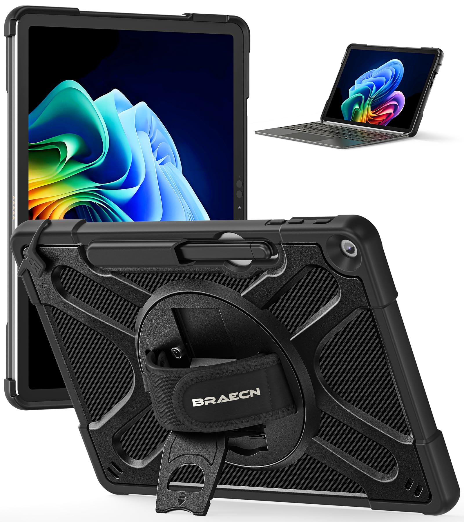 BRAECN Cover per Microsoft Surface Pro 12 Pollici 2025 | Antiurto Robusto Custodia con Supporto Girevole a 360°, Cinghia a Mano, Nero