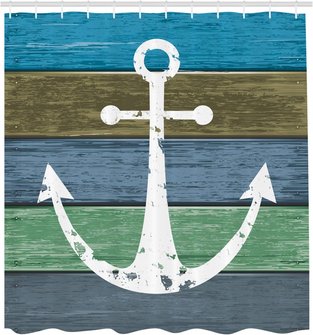 Ambesonne Anchor Shower Curtain, Grunge and Rustic Design on Wooden Planks Art of Coastal Theme Bathroom Decor, Cloth Fabric for House Decoration Set with 12 Hooks Included, 69" W x 70" L, Blue Khaki