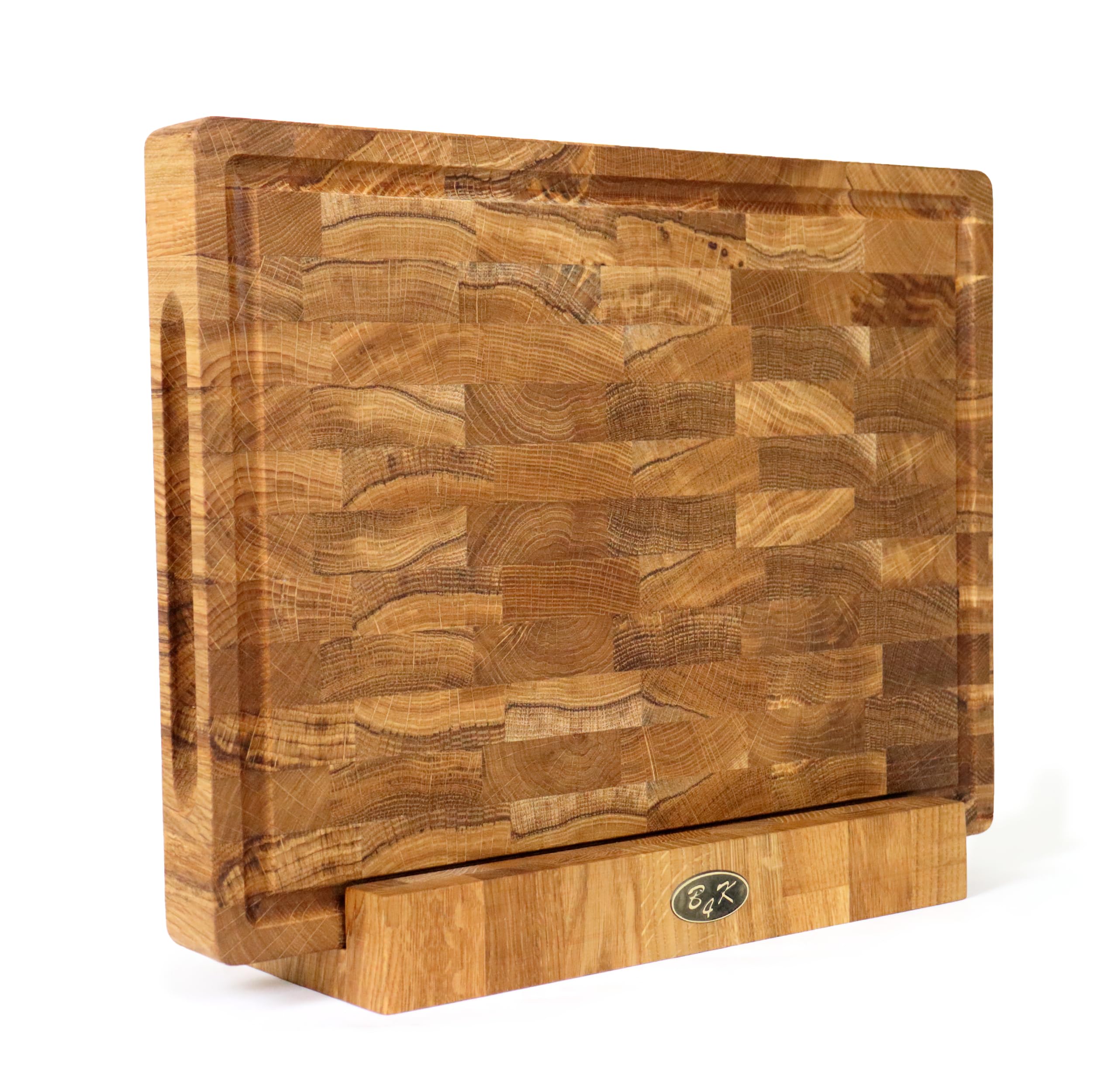 B4K® Tagliere con supporto in legno di quercia, 40 × 30 × 4 cm, in legno di cervello massiccio, antibatterico, con manici, scanalatura e piedini in silicone, perfetto per cucina, carne e barbecue