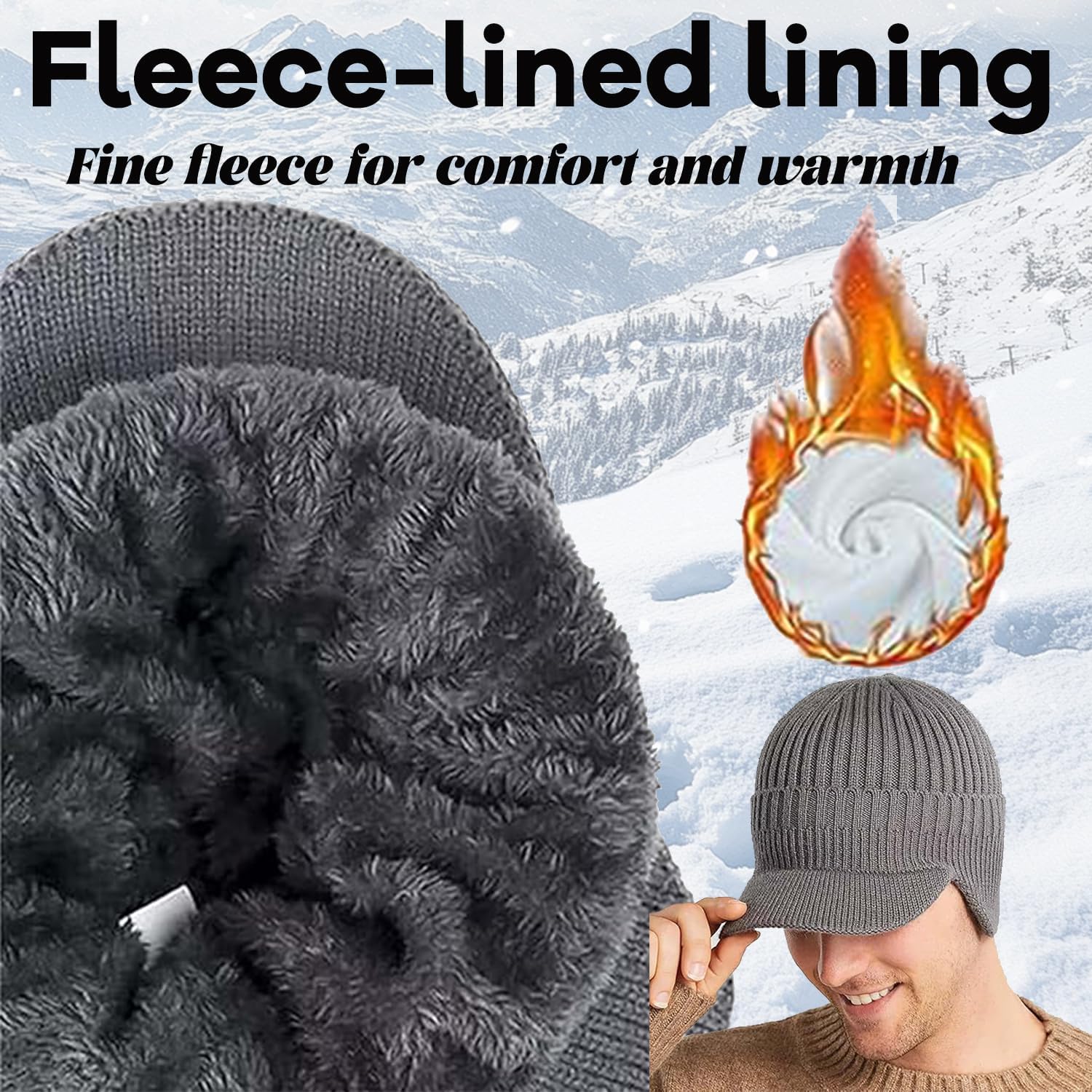 Cozy Head Beanie, Elastic Cozy Head Beanie with Brim and Ear Flaps, Windproof Winter Hat Knitted Cap for Outdoor