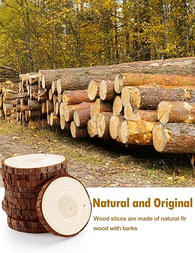 Miniatura 2 de wohohoho 24 piezas de rebanadas de madera natural de 2.4 a 2.8 pulgadas, kit de madera para manualidades sin terminar, preperforado con agujero,
