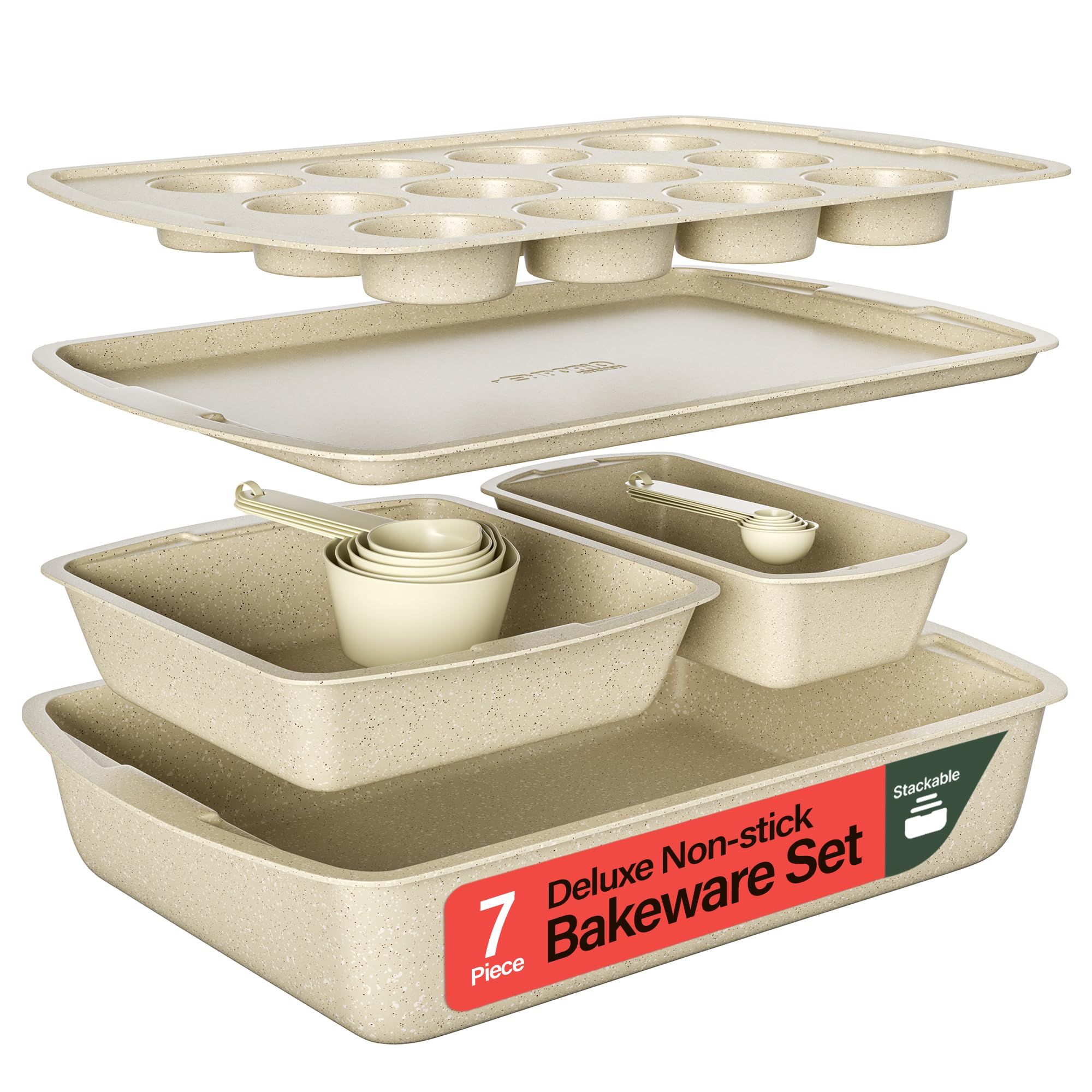 Stackable Baking Pan Set - Deluxe Nonstick White Marble Coating, Carbon Steel Bakeware Sets, PFOA, PFOS, PTFE Free, Recipe Booklet Included, Oven Safe (Up to 450°F), Set of 7 - White