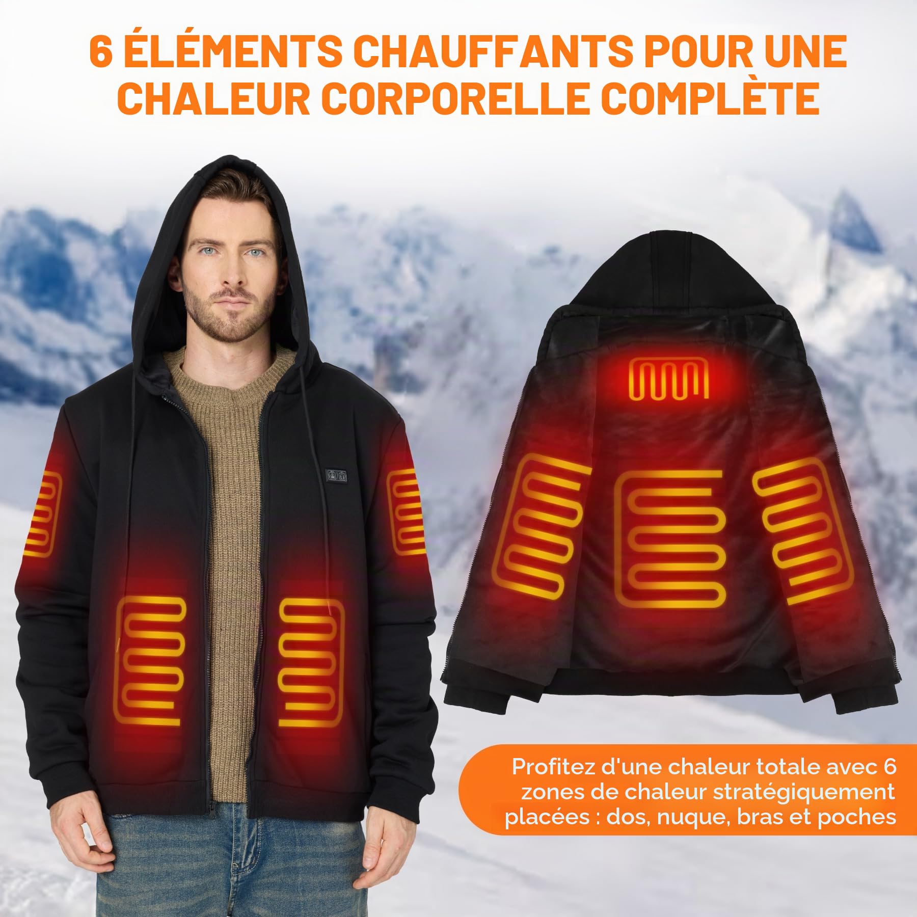 Sweat Chauffant Homme avec Batterie 7,4 V 16000 mAh Manteau Chauffant Homme Pull Chauffant Vetement Chauffant avec 3 Niveaux de Température