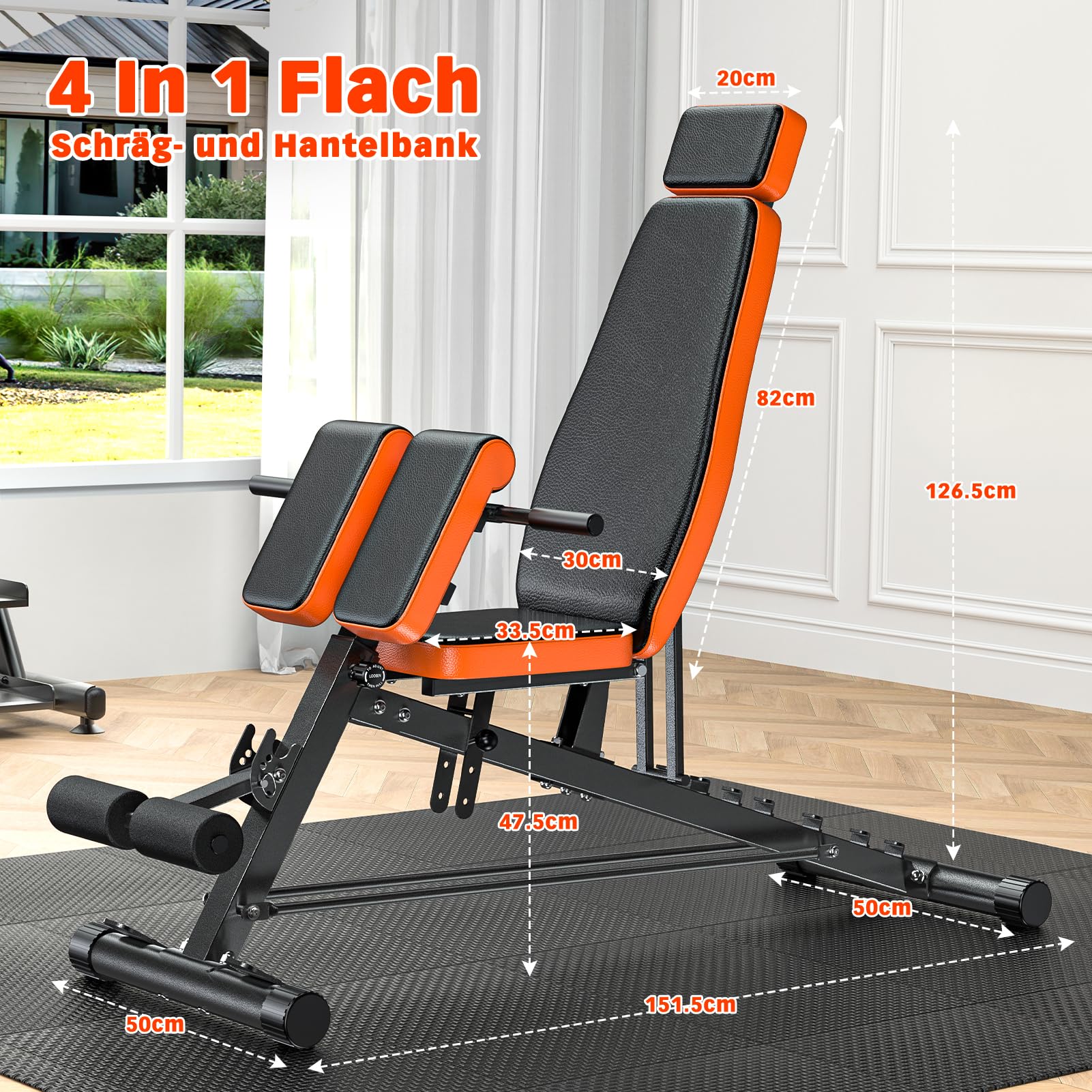 XDDIAS Hantelbank Verstellbar 4 in 1 Schrägbank, übergroße rückenstrecker Gerät, sit up bank mit Stützpolster, 8-Fach rückentrainer trainingsbank für flach, Neigung nach unten und oben, bis 450kg