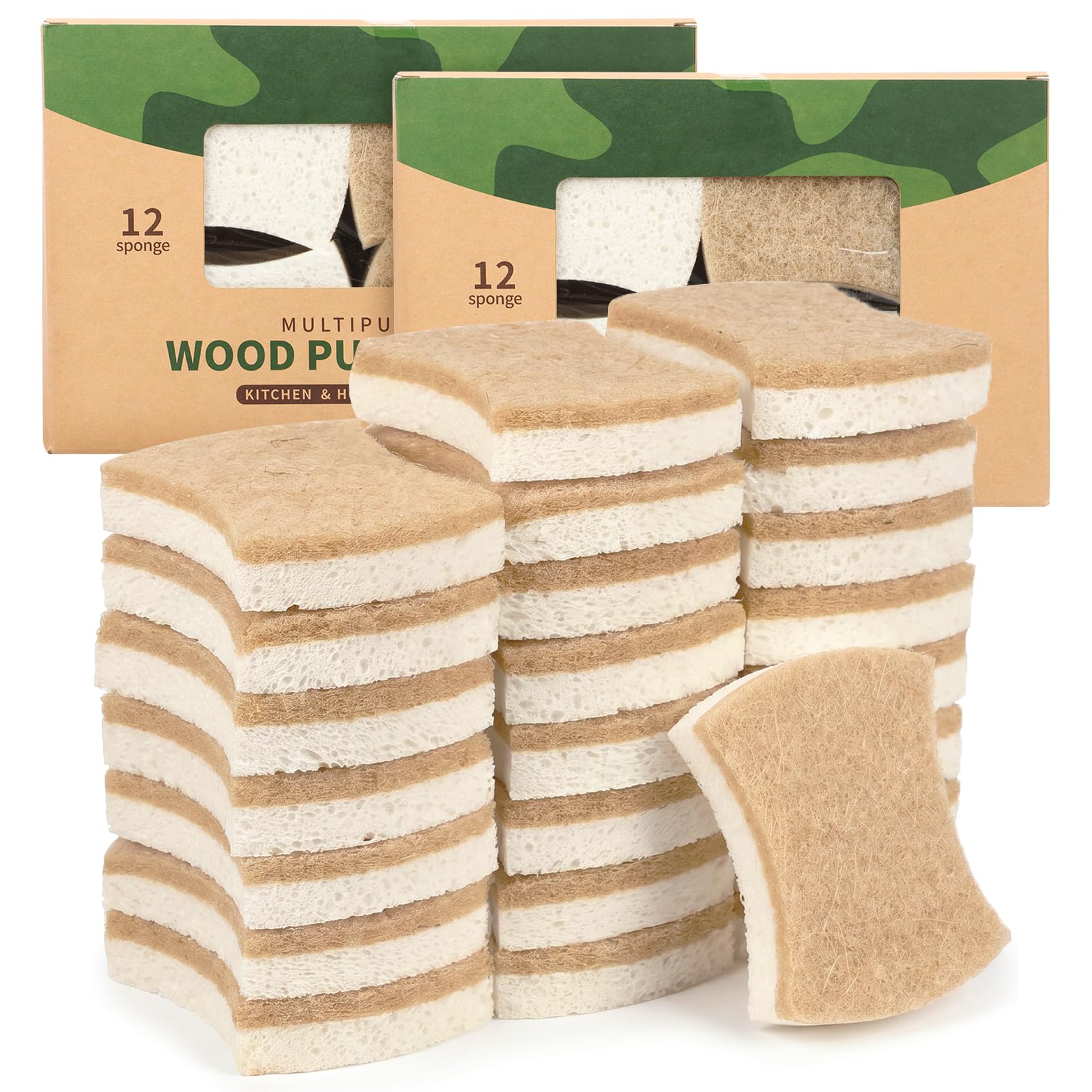 24 Pcs Kitchen Dish Sponges, Natural Compostable Sisal and Wood Pulp Cotton Scrubber Sponge for Kitchen Household Cleaning