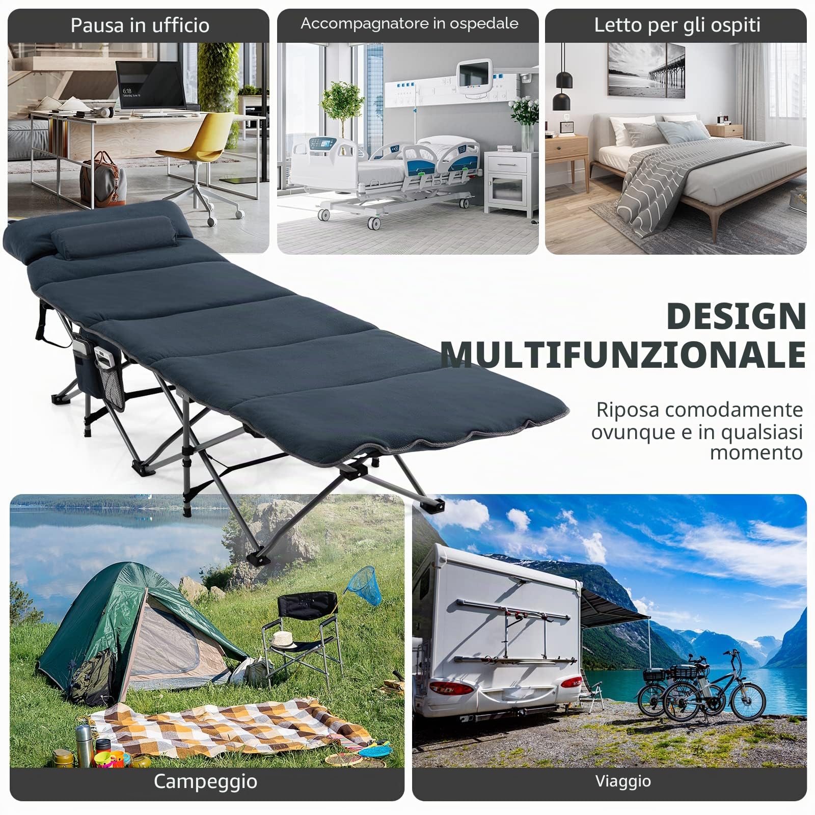 KOMFOTTEU Lettino da campeggio pieghevole 190 x 67 x 50 cm, letto da campeggio con materasso rimovibile e cuscino, lettino da campeggio con borsa per il trasporto, antiscivolo, campeggio, viaggi,