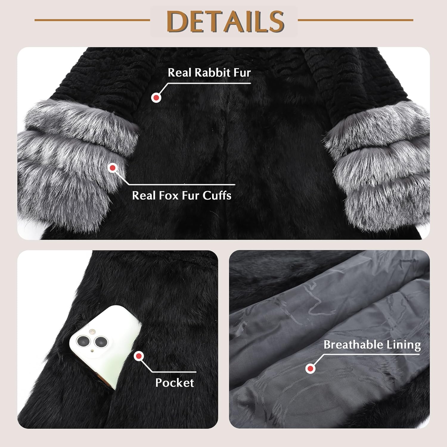 Fur Story Women's Genuine Rabbit Fur Coat With Fox Fur Cuffs Warm Winter Coat Black Long Jacket - Image 5