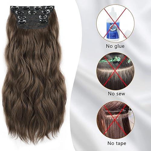 Miniatura 8 de Extensiones de cabello sintético largo ondulado con clip, color castaño castaño, 4 piezas gruesas, extensiones de cabello natural de doble trama, 20
