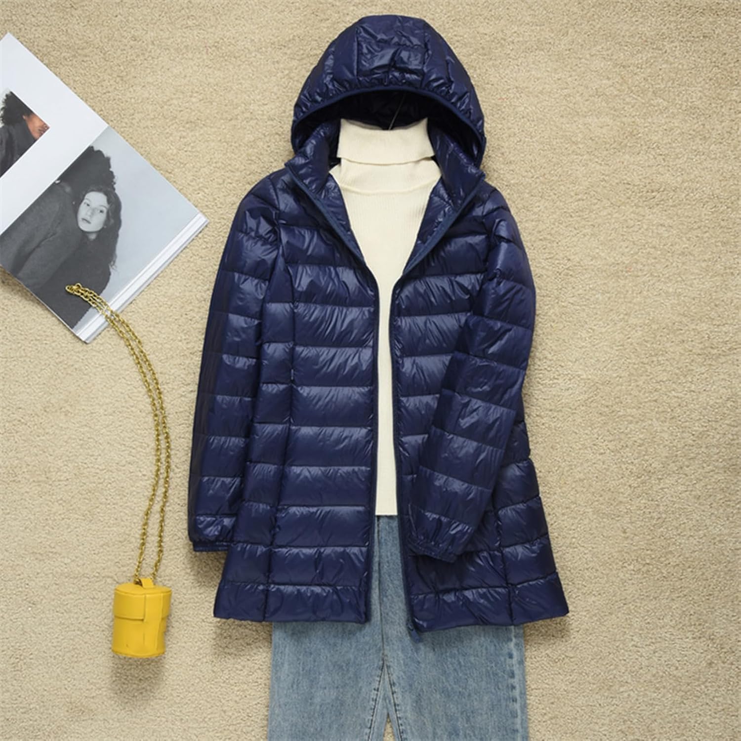 [HWQFM] ロングダウンコート 軽量 ダウンジャケット アウター ライトダウン コート フード付き(取り出し可) 着痩せ 撥水加