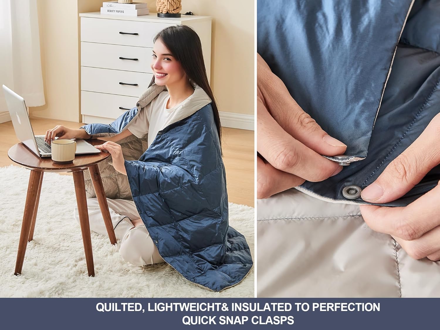 Ultra-Lightweight Wearable Down Blanket Poncho – No Sleeves, Hands-Free Pockets – Office AC & Travel Essential for Women