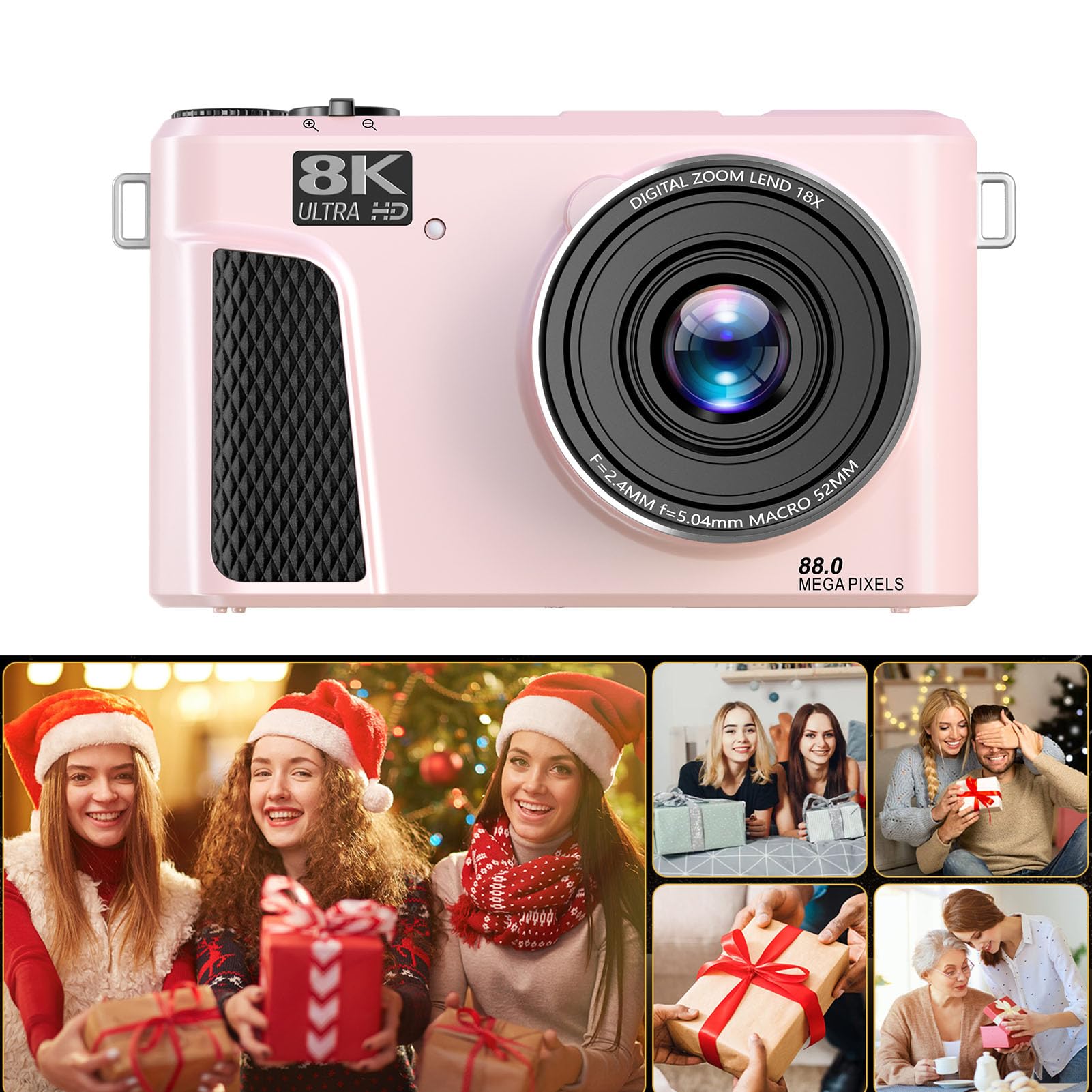 Fockety Kamera Cyfrowa 8K do Fotografii, Wi -Fi 88MP Autofocus Compact Camera z 3 -calowym Ekranem Klapki, 18x Cyfrowy Zoom i Bateria dla Początkujących, Nastolatków, Dorosłych (PINK)