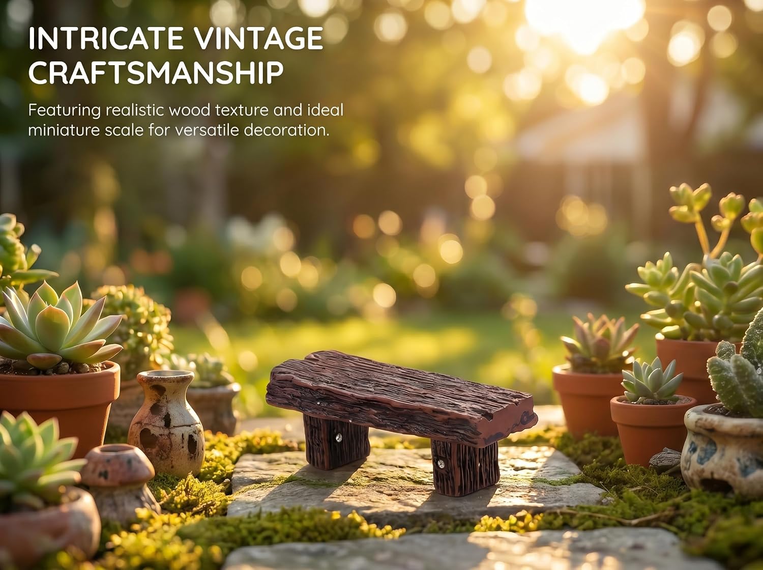 Miniature Resin Bench Fairy Garden Accessories - Dollhouse Chairs Stools Ornament Vintage Style Landscape Mini Decor Small Zen Garden DIY Scene Furniture (18, Natural Beige//Dark Walnut) image 2