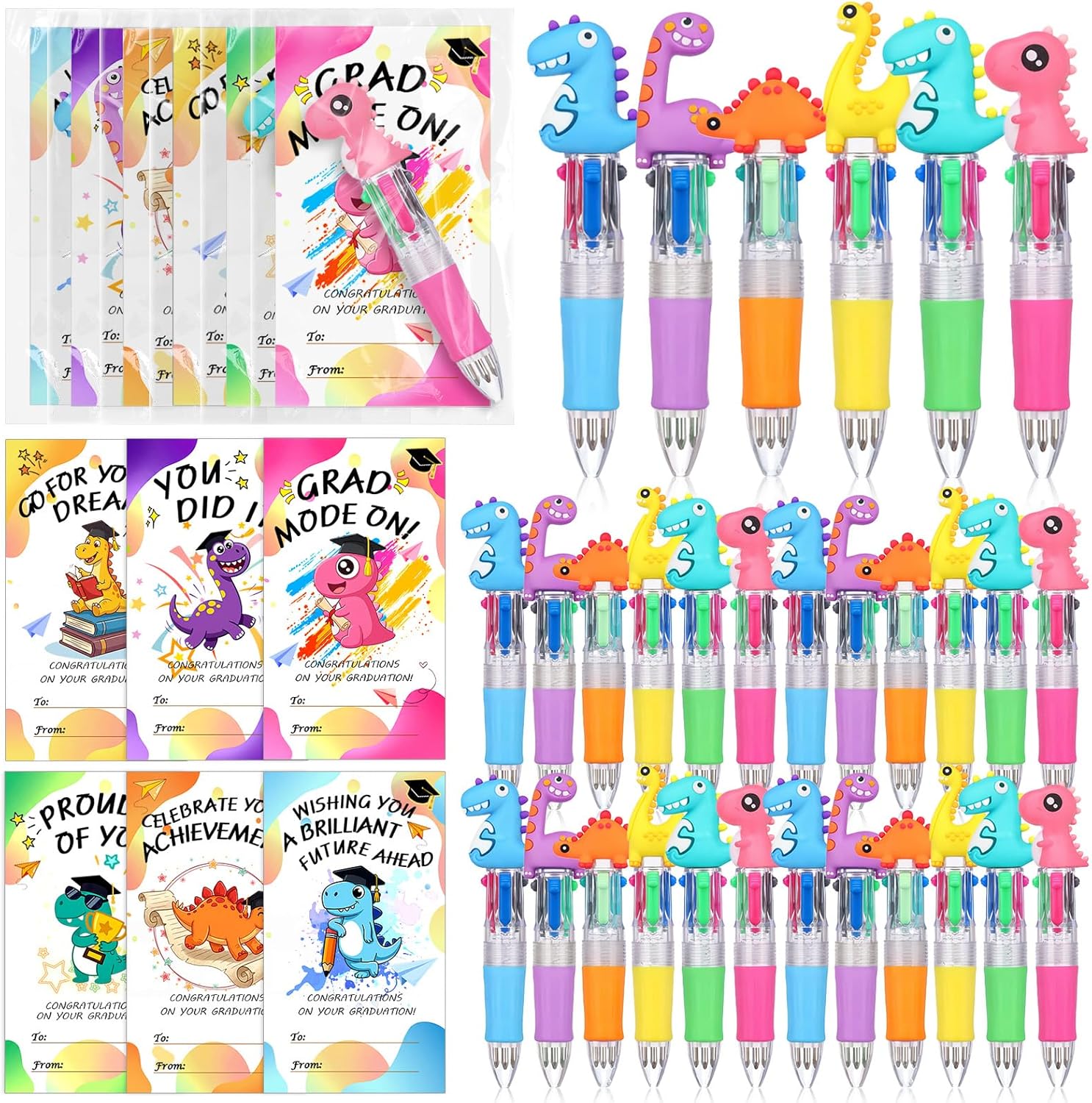 Crtiin 24 Sets Graduation Gifts for Students Bulk, Mini Multicolor 4-in-1 Ballpoint Pens with Inspirational Cards, Graduation Party Favors Exchange Gifts Bulk End of Year(Capybara)