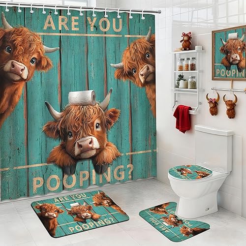 Juego de cortinas de ducha vintage divertidas de vaca de las tierras altas, cortina de baño retro para puerta de tablón verde para decoración de