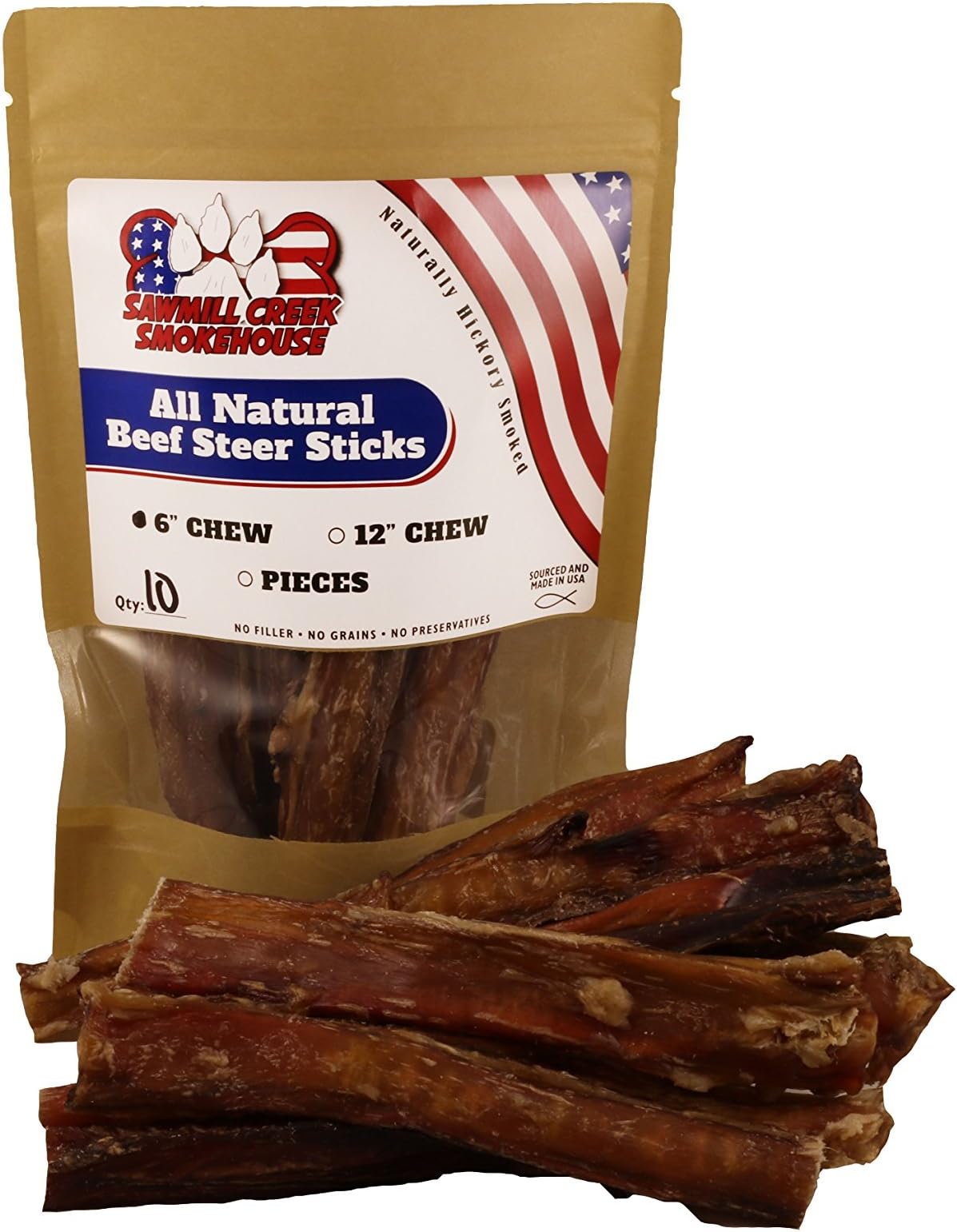6" Beef Bully Sticks Odorless Sourced & Made USA Natural USDA Certified (10 Pack)