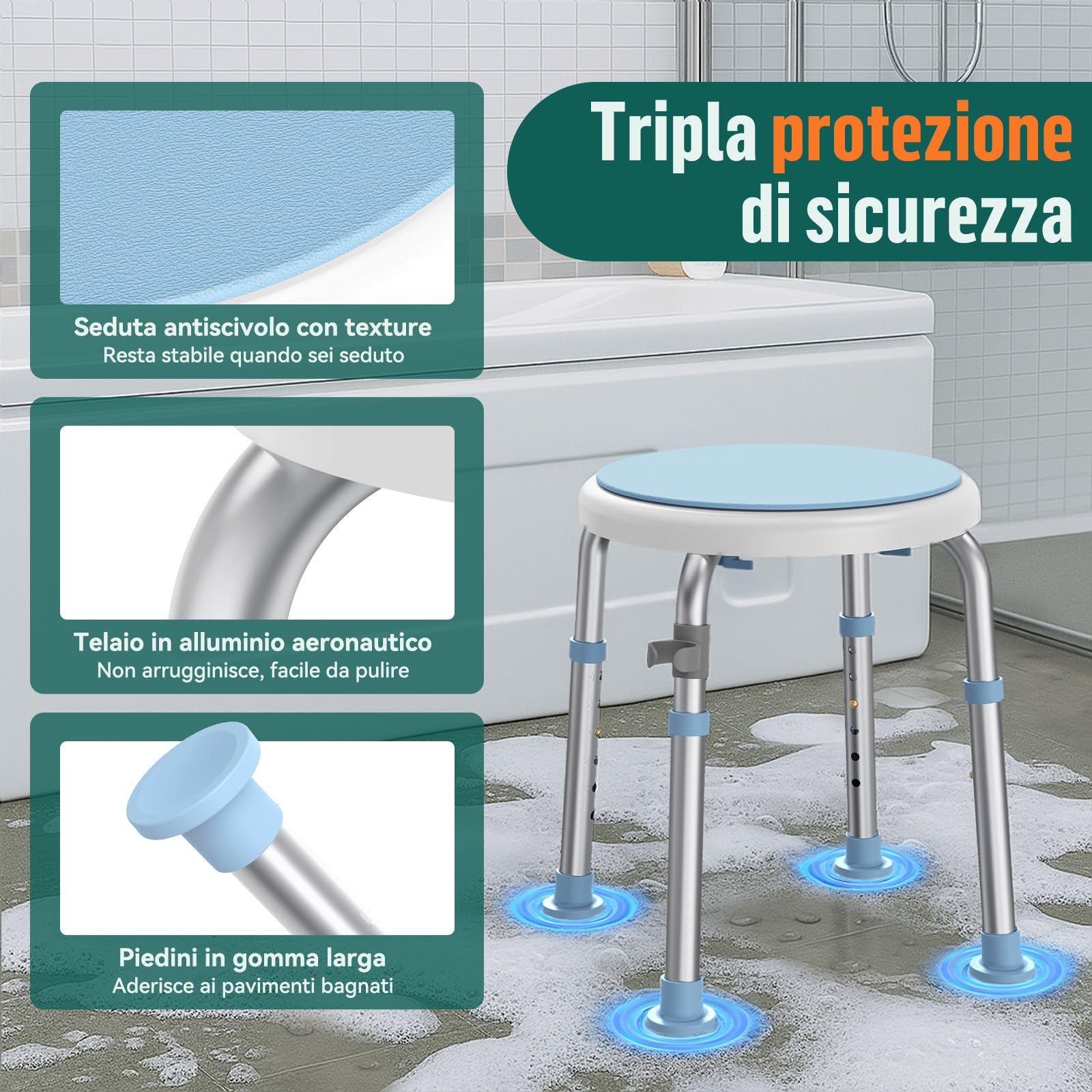 LC01 Sedia da Doccia Girevole 360° Regolabile in Altezza – Sgabello Doccia Antiscivolo in Alluminio con Sedile Rotante, Leggero per Anziani e Persone con Mobilità Ridotta