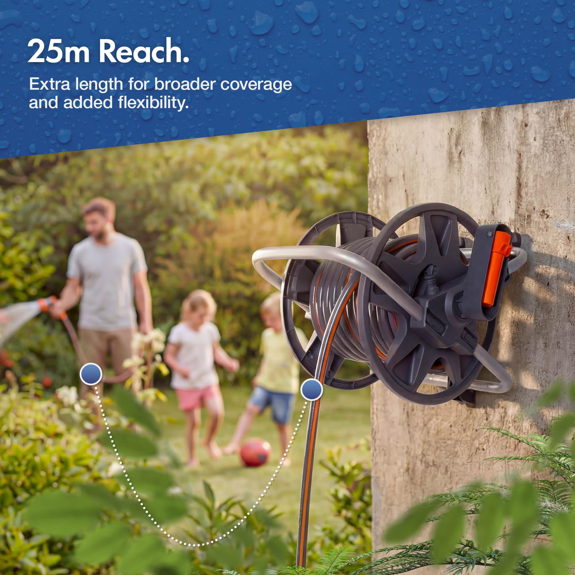 Vonhaus Garden Hose Reel 25m – 2-in-1 Hose Pipe Reel with 8-Pattern Spray Nozzle & 1/2" and 3/4" Fittings, Wall Mounted and Freestanding Heavy Duty Rewind Water Hose - 3