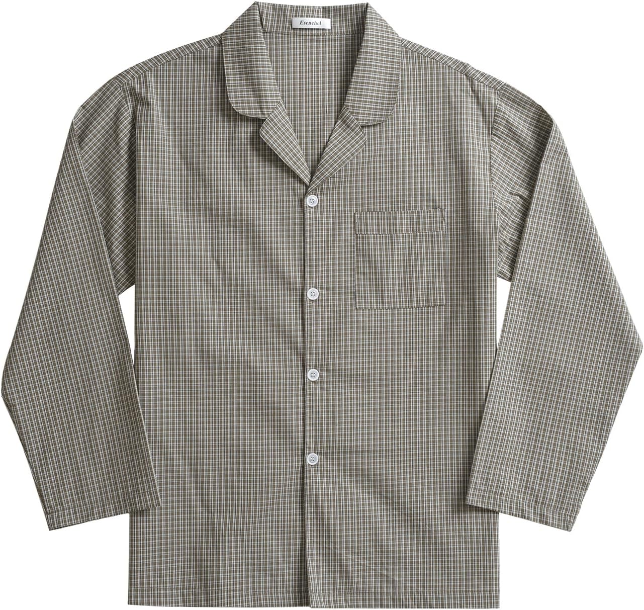 Esenchel Men's Long Sleeve Button Down Pajama Top Lightweight Cotton Sleep Shirt