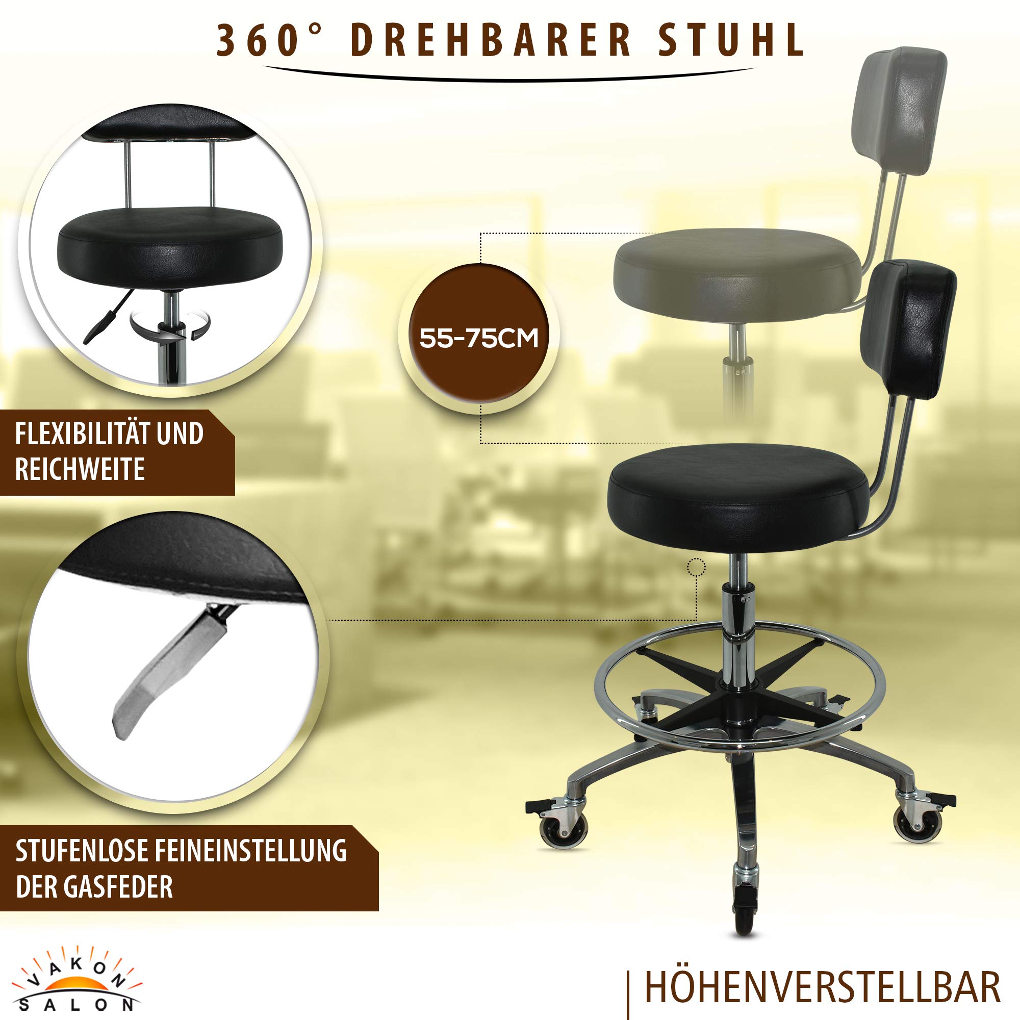 Rollhocker mit Lehne und Fußring - Premium Rollen mit Bremse - Höhenverstellbarer von 55-75 cm - Drehhocker Arbeitshocker Praxishocker