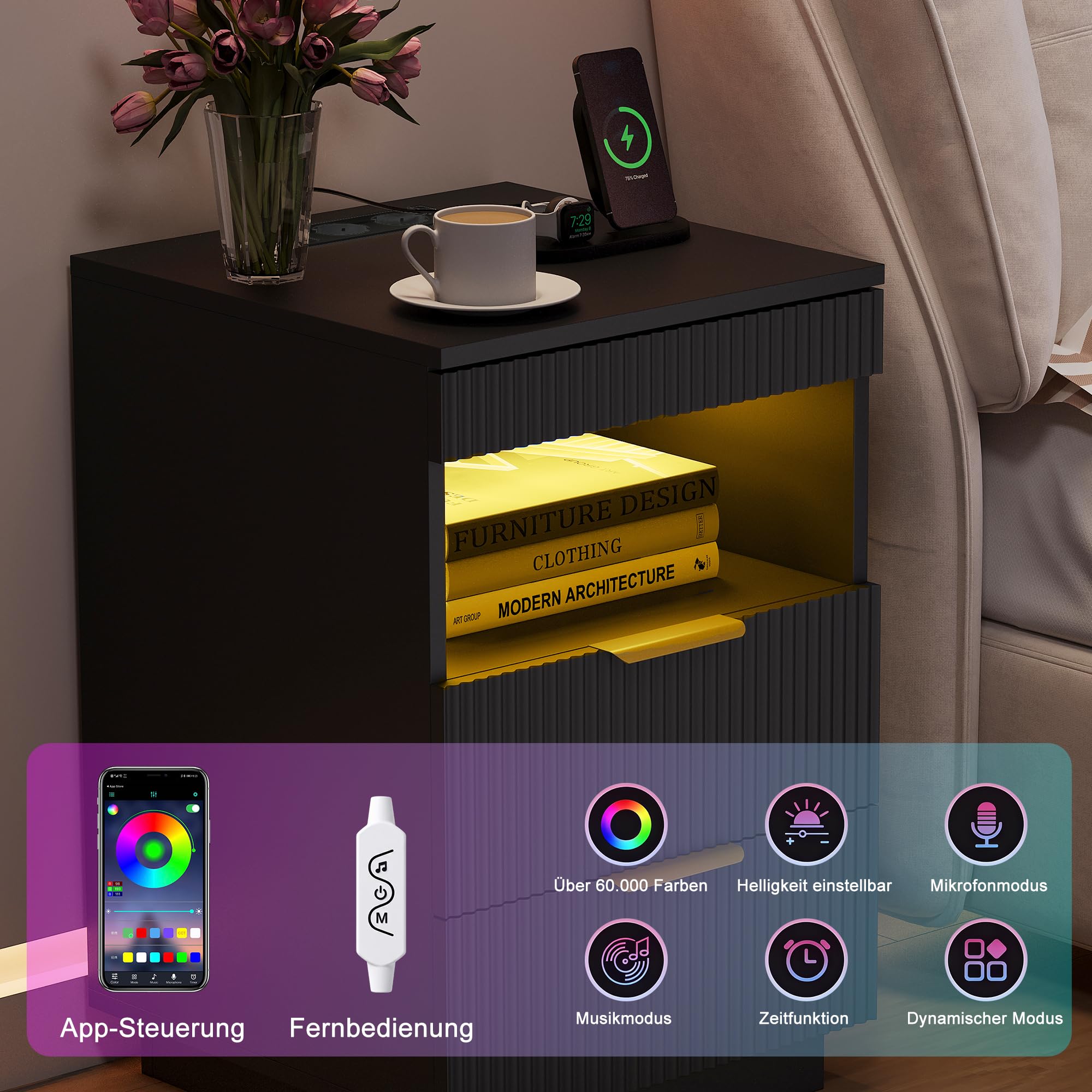 Mesitas de noche LED, mesitas de noche con 2 cajones y USB, mesa auxiliar con almacenamiento y compartimento abierto, mesa baja moderna para dormitorio, sala de estar, 40 x 40 x 60 cm, color