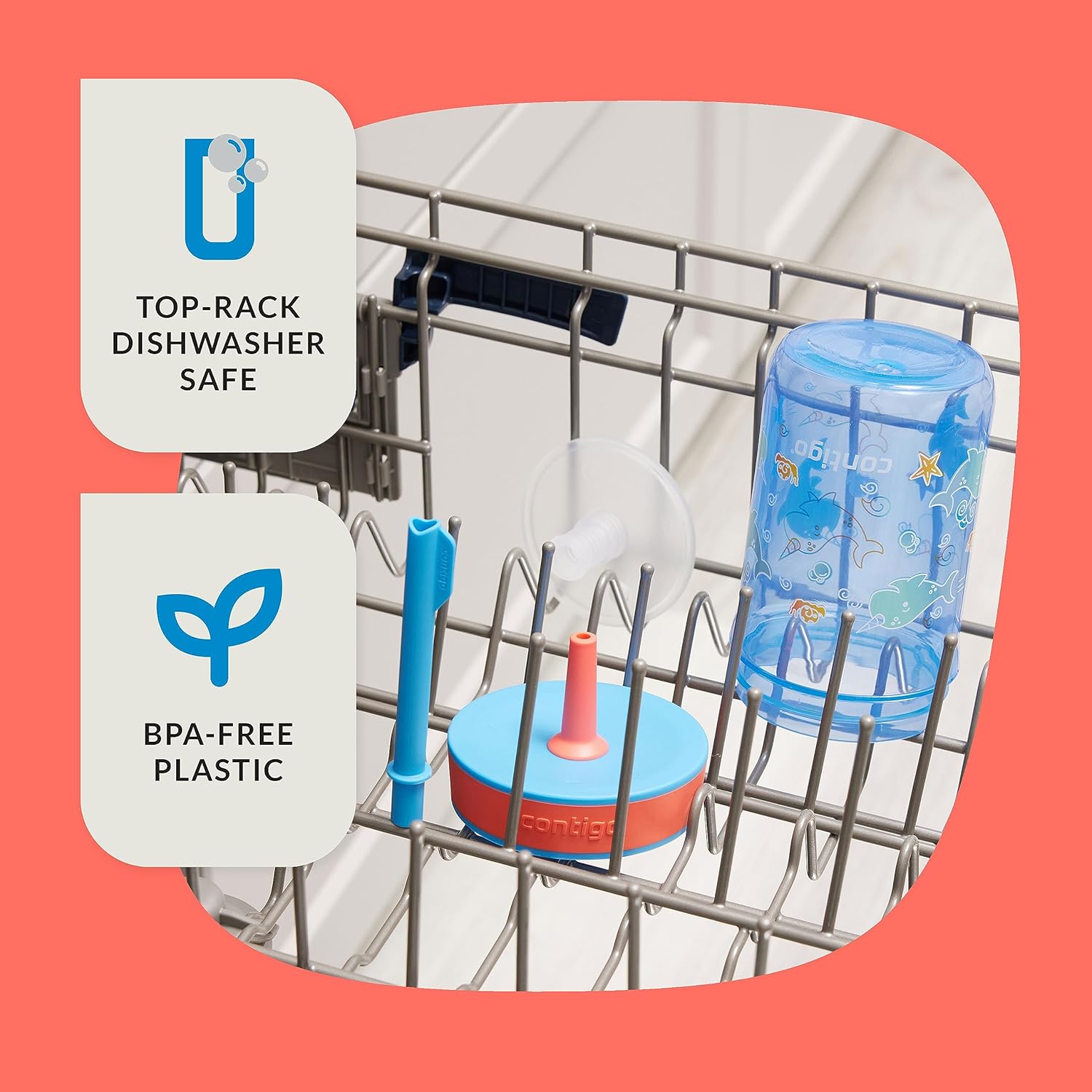 Contigo Kids’ Leighton Straw Tumbler with Spill-Proof Leak-Proof Lid 14oz Blue Poppy/Narwhals - Image 3