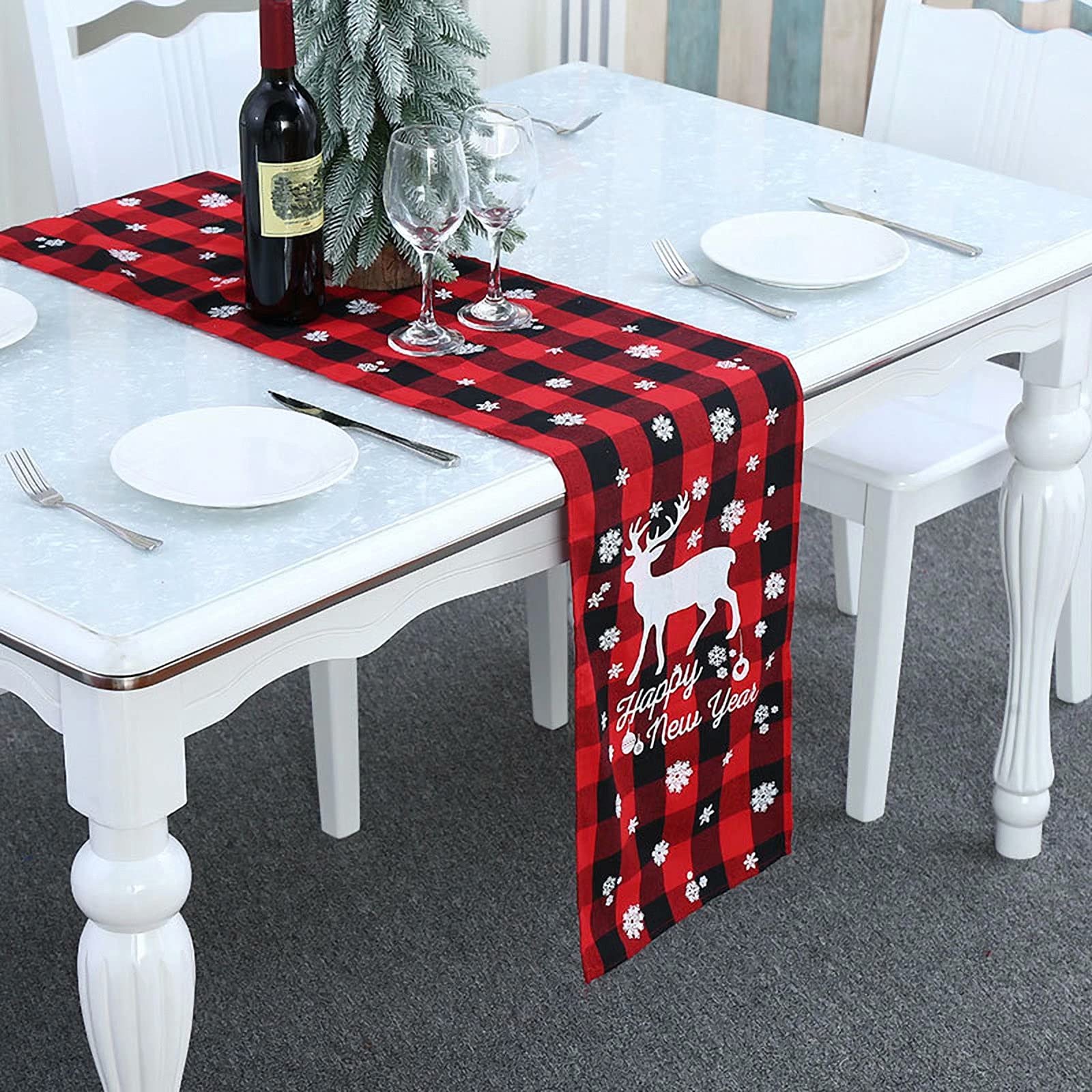 Runner Da Tavola Natale CREATCABIN – Quadri Bufalo Rosso E Nero – 180x30 Cm – Cotone E Lino Con Motivi Di Alce E Fiocchi Di Neve