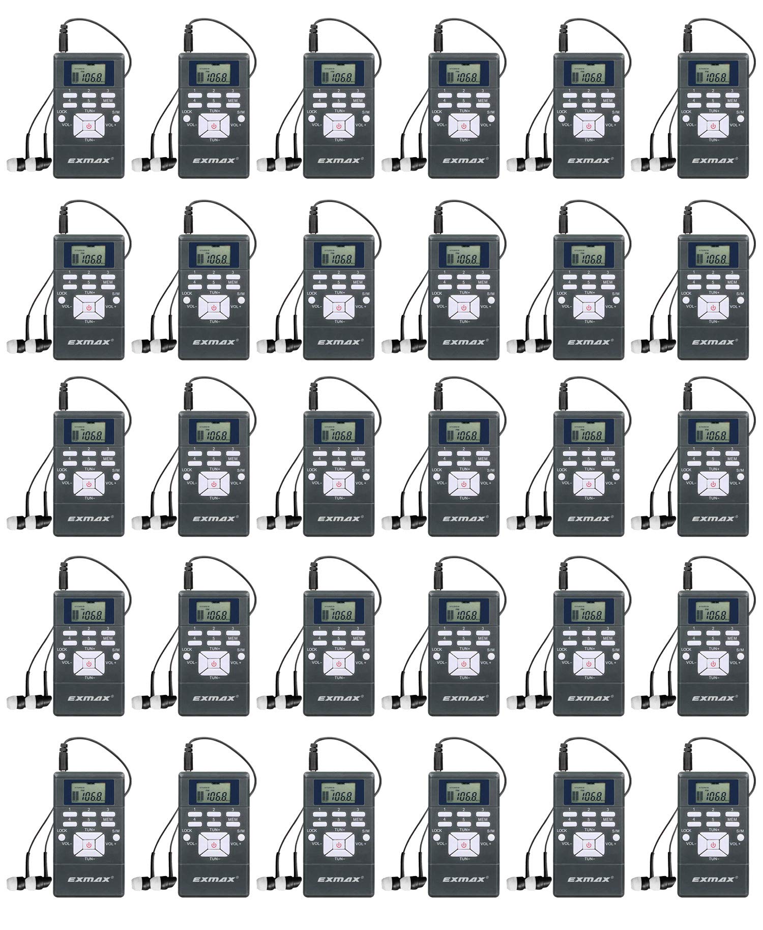 EXMAX® EXG-108 Wireless Portable Pocket DSP FM Stereo Radio Digital Receiver with Mini LCD Clock Earphone for Tour Guide System Teaching Meeting - 30 Pack (Gray)