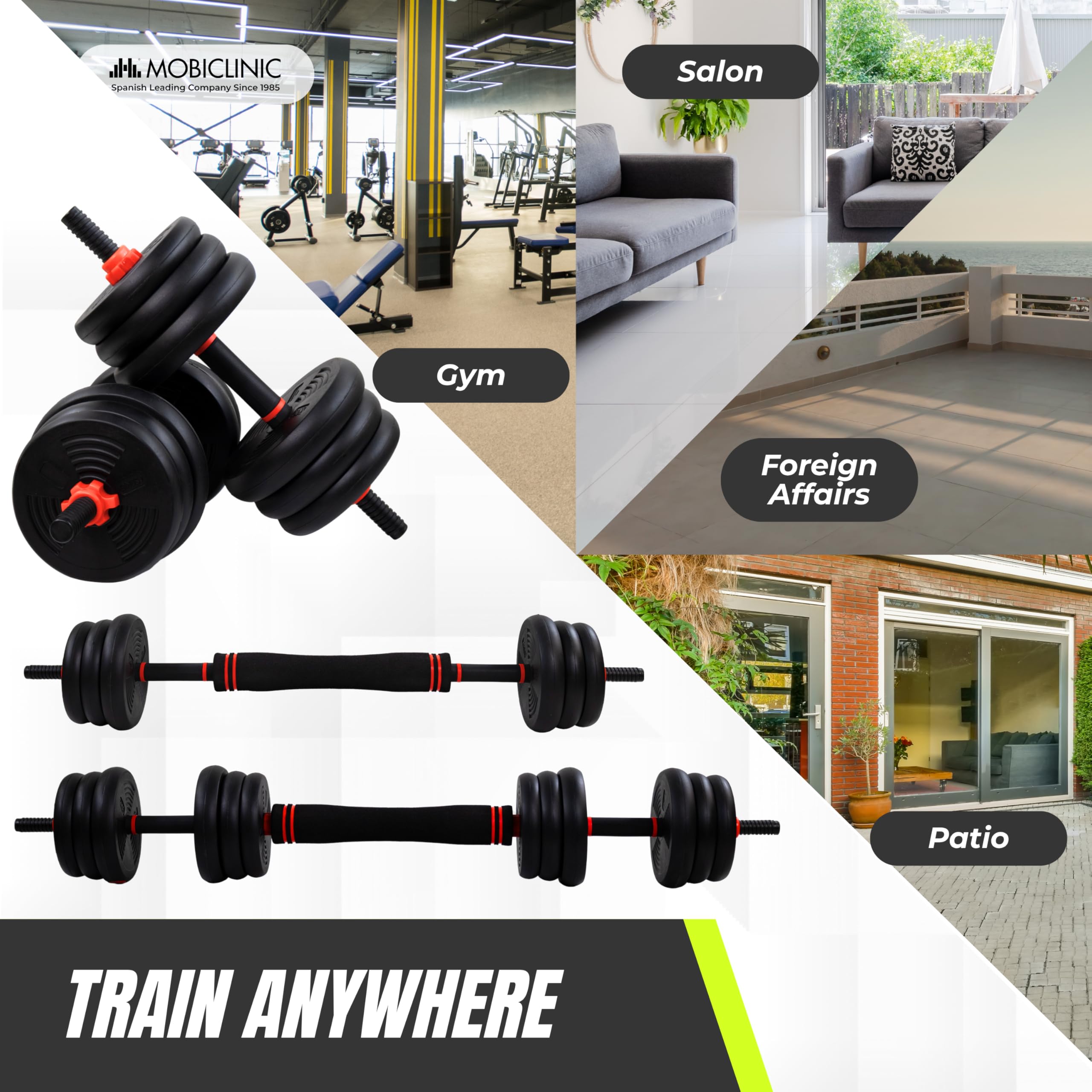 Mobiclinic®, Mancuernas Ajustables 20 Kg, 4 en 1, Juego de Pesas, Mancuernas, Kettlebells y Soporte para Flexiones, Barra de Conexión, Agarre Antideslizante, Mobimax, Gimnasio en Casa, Fitness
