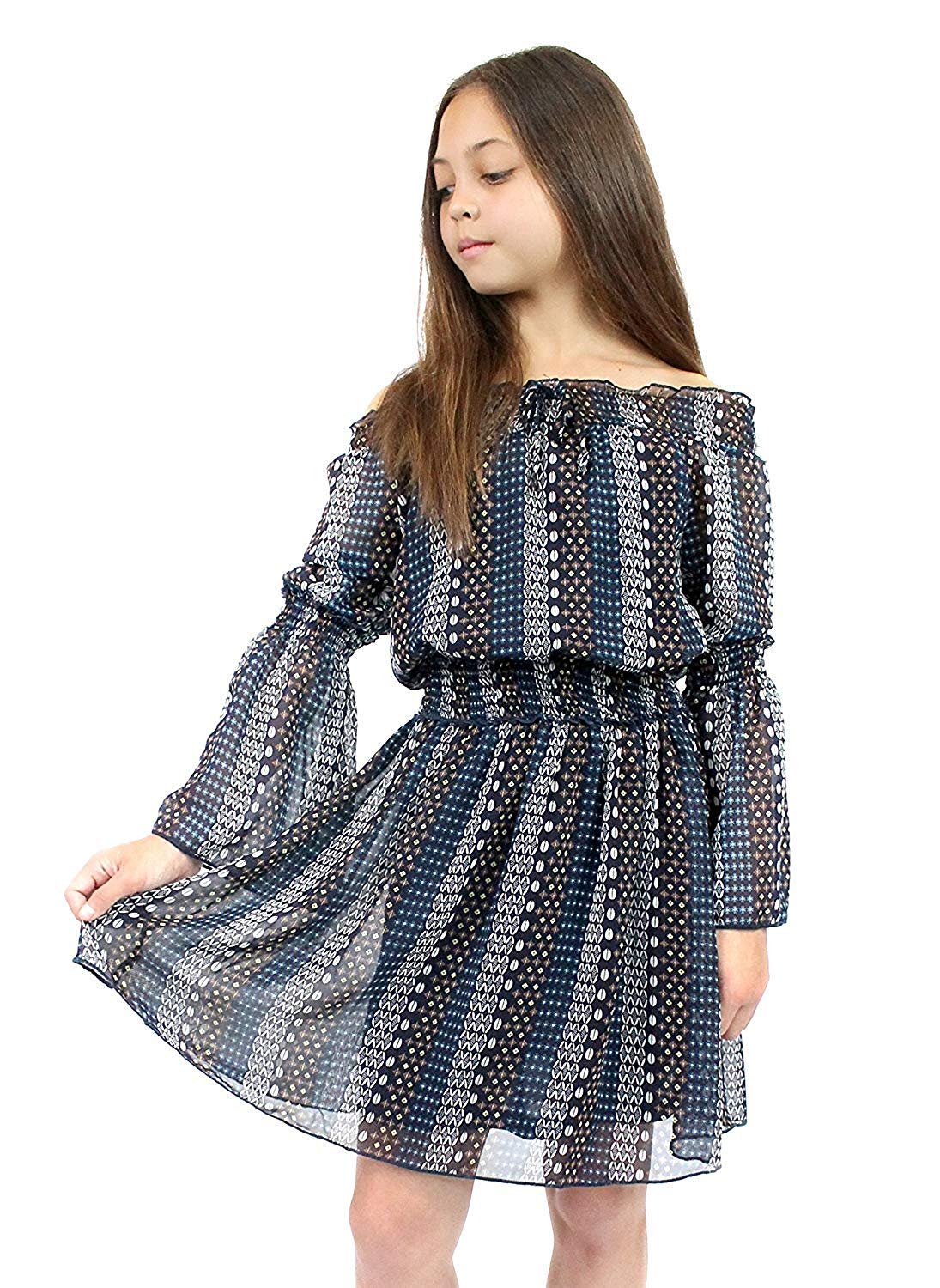 Smukke, Big Girls Elegant Floral Printed Off The Shoulder Long Sleeves Dress and Rompers, 7-16