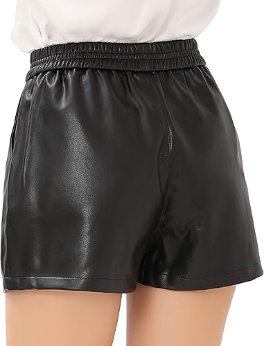 Vista 3 de Pantalones cortos casuales de piel sintética negra con cintura elástica para mujer con bolsillos