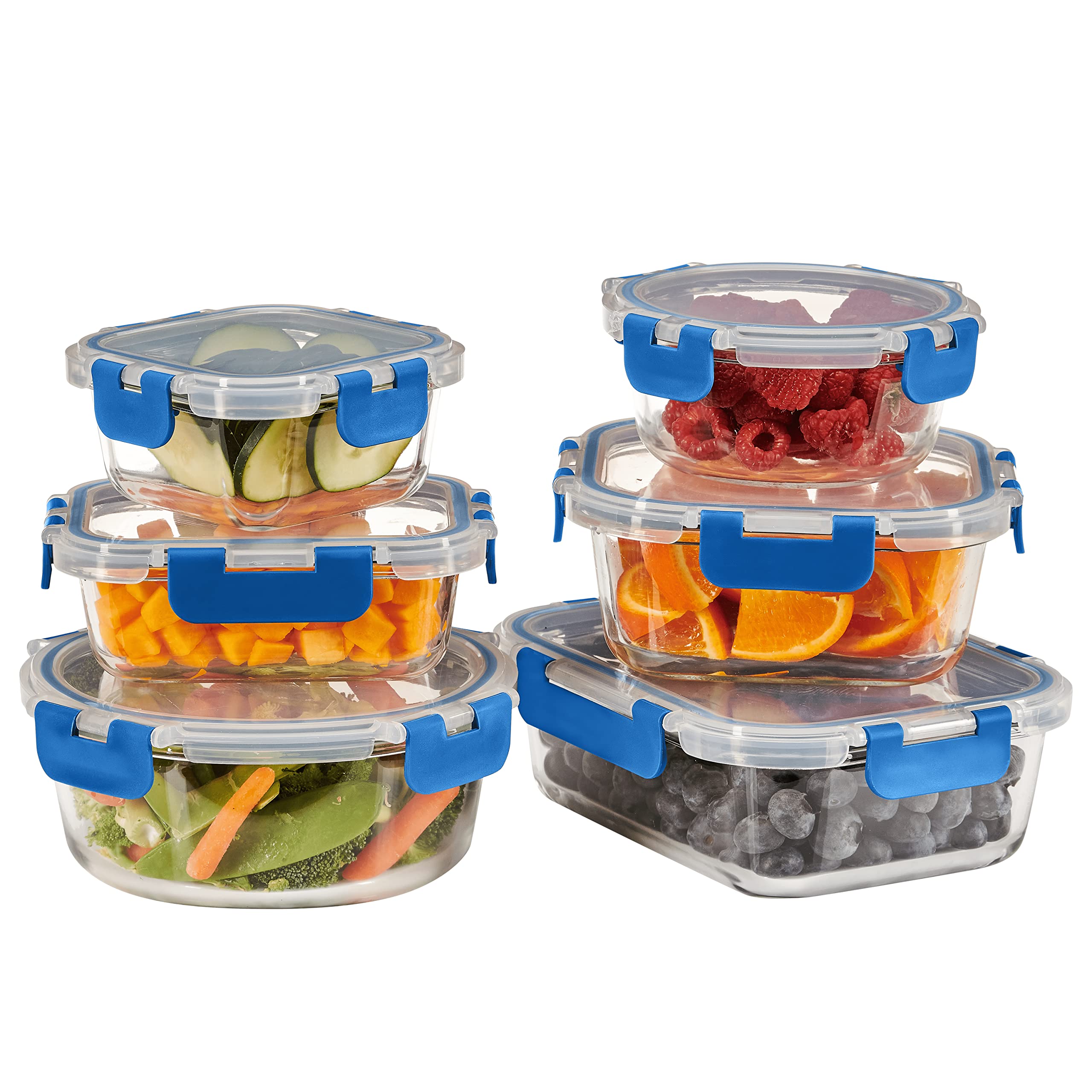 FineDine 12 Piece Glass Storage Containers with Lids - Leak Proof, Dishwasher Safe Glass Food Storage Containers for Meal Prep or Leftovers, Blue