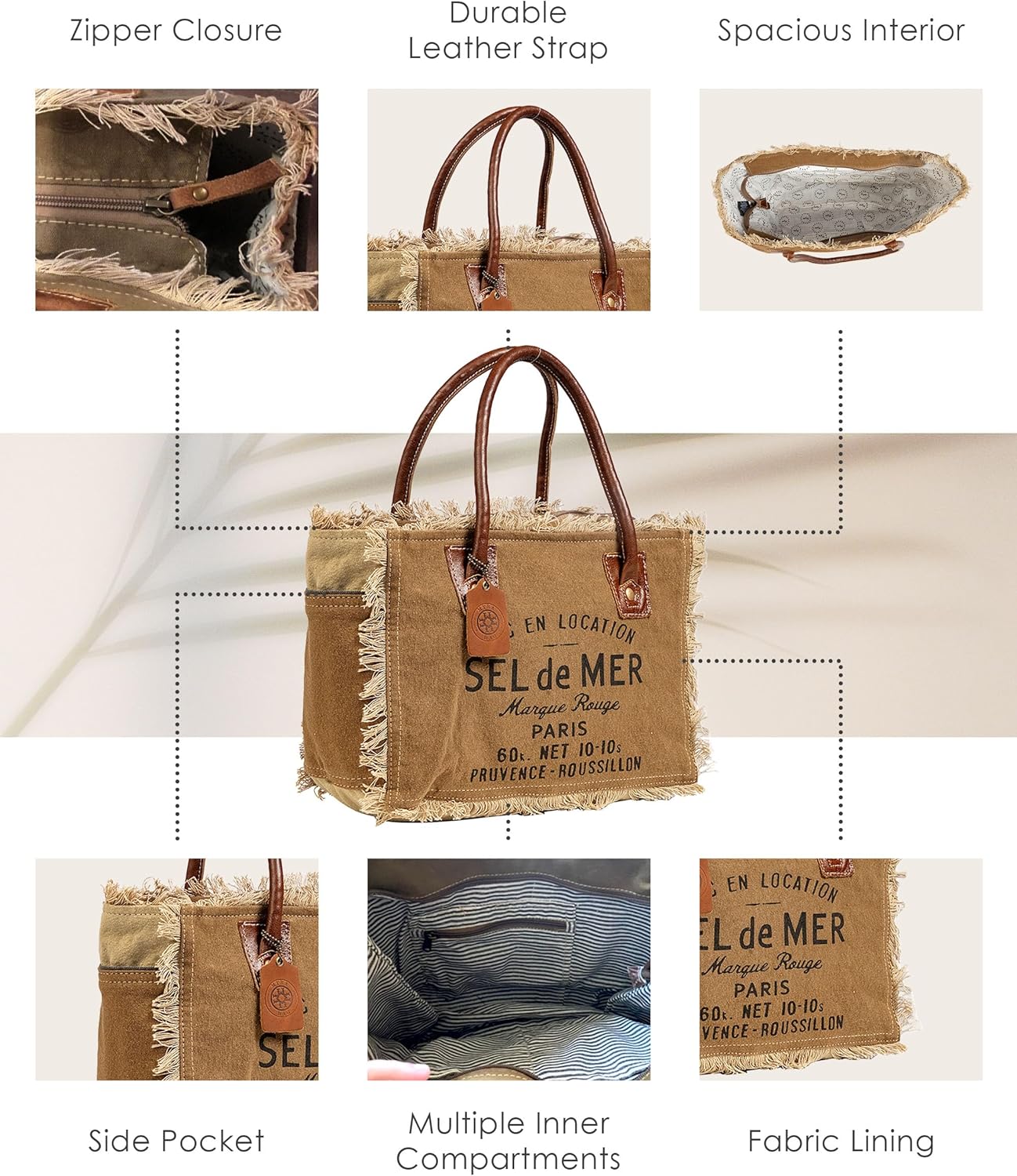 Myra Bag Sel De Mer Canvas Purses for Women - Canvas Tote Bag with Leather Strap, French Inspired Fabric Handbags for Women