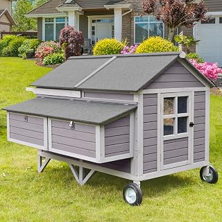 Mobile Chicken Coop with 8.1" Big Wheels, 68.1" L Large Wooden Poultry Cage with Strong Iron Frame, Outdoor Hen House with 2 Nesting Boxes for 6–8 Chickens