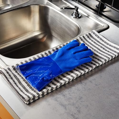 Miniatura 5 de 2 pares de guantes de goma para limpieza del hogar para lavar platos en la cocina, forrados de algodón (azul)