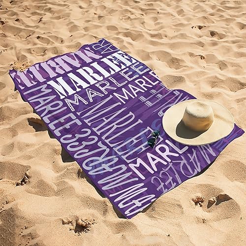 Miniatura 4 de Toalla de playa personalizada con nombre para niños, adultos, niñas, niños, microfibra personalizada para piscina, viajes, playa y baño (morado