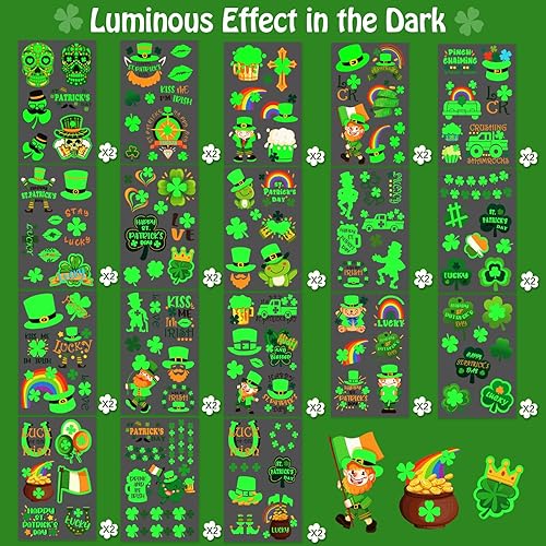 Miniatura 3 de 36 hojas de tatuajes temporales luminosos para el día de San Patricio para mujeres, hombres y adultos, trébol verde de la suerte de cuatro hojas de