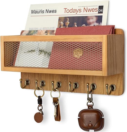 Rebee Vision Farmhouse Key and Mail Holder for Wall with Mesh Mail Basket : Decorative Mail Organizer Wall Mount with 6 Retro Key Hooks - Rustic Home Decor for Entryway (Light Brown)