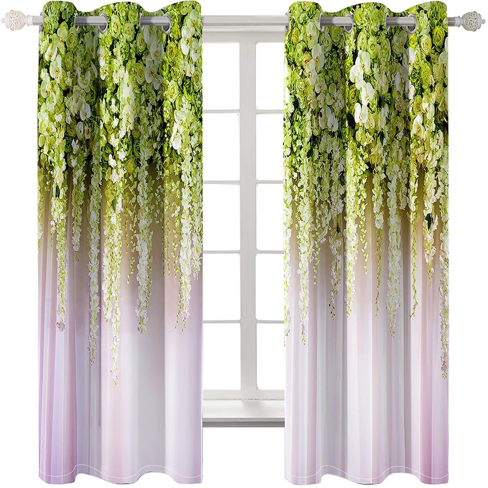 2er Pack Vorhänge Blickdicht Thermo,2 x 102W x 138H cm,Vorhänge mit Ösen Blumen und Blätter Muster Grün Beige Gardine Vorhang für Schlafzimmer