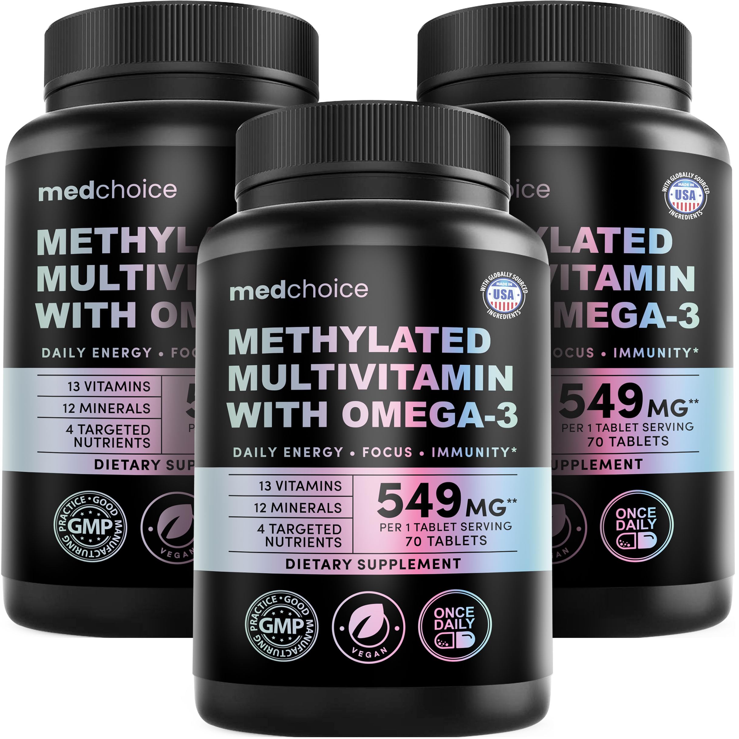 MEDCHOICE Complete 29-in-1 Methylated Multivitamin with Omega-3, 70ct | Complete Daily Nutrition, Omega-3 with Active B12 and 5-MTHF Folate, Vegan, Multivitamin (Pack of 3)