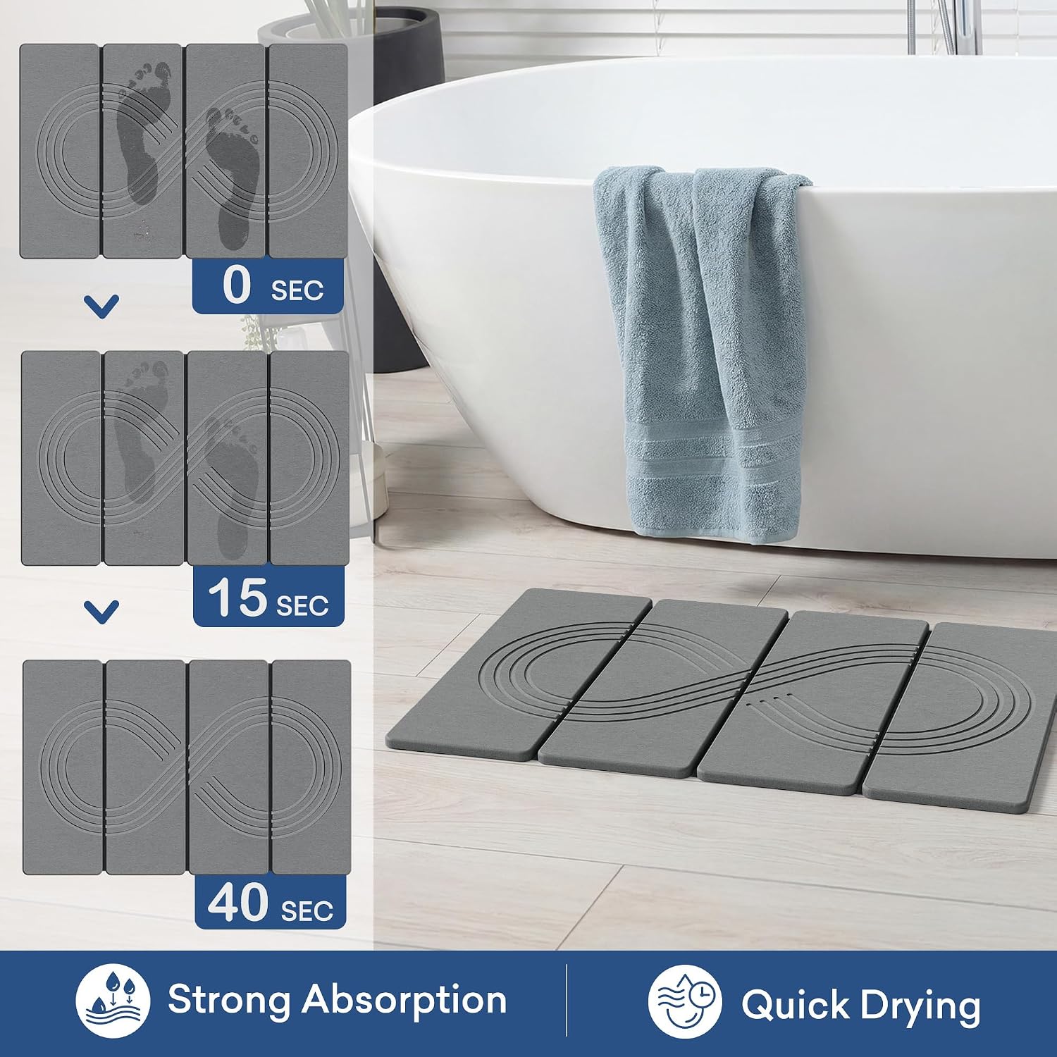 AWW Foldable Stone Bath Mat, Quick Dry Shower Mat, Infinity Groove, 4 Fold