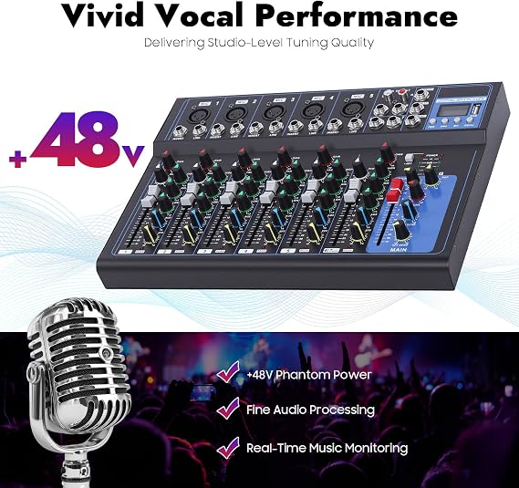 Bluetooth Portable Audio Mixer 7-Channel Professional Stereo Mixer Digital USB Computer Jack 3-Band Equalizer 6 Music Modes 48V Phantom Power Stereo DJ Mixer LCD Display For DJ,Recording,Stage