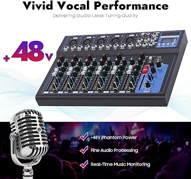 Bluetooth Portable Audio Mixer 7-Channel Professional Stereo Mixer Digital USB Computer Jack 3-Band Equalizer 6 Music Modes 48V Phantom Power Stereo DJ Mixer LCD Display For DJ,Recording,Stage