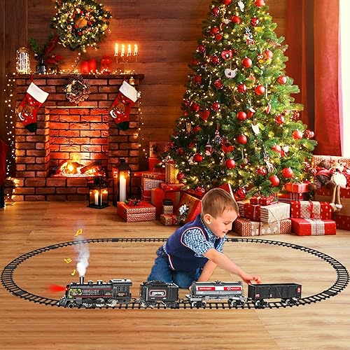 Miniatura 4 de Hot Bee Juego de tren para niños, trenes eléctricos de aleación de metal con locomotora de vapor, coches de carga y pistas, juguetes de tren con