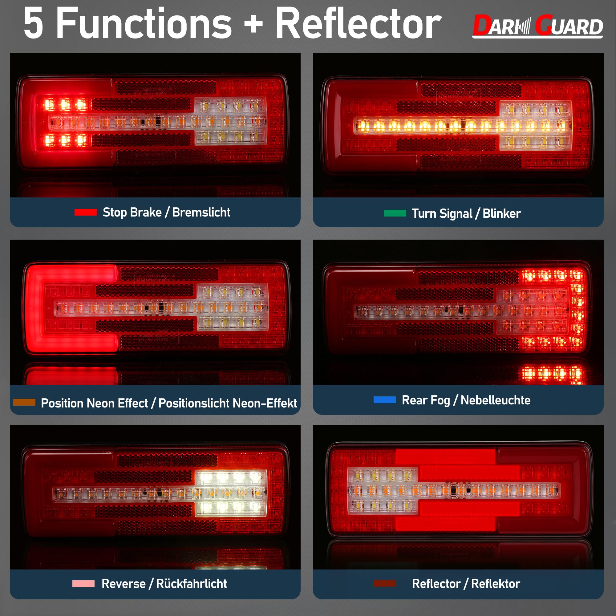 2 x Rücklicht Anhänger Beleuchtung LED Heckleuchten 12V/24V Wasserdicht Rückleuchten für Anhänger PKW Landwirts-Traktor, 6 Funktionen mit Nebelleuchte-Rückfahrlicht & Reflektor